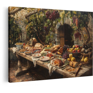 Artaza Canvas Schilderij Stilleven Banket - 90x60 cm - Wanddecoratie Klassiek - Muurdecoratie Fruit en Wijn - Decoratie Eetkamer
