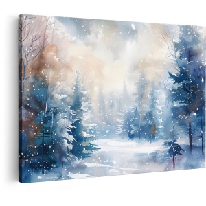Artaza Canvas Schilderij Schilderachtige Winterse Bosweg Bedekt met Sneeuw en Vallende Vlokken - 30x20 cm - Klein - Wanddecoratie Woonkamer - Schilderijen - Muurdecoratie