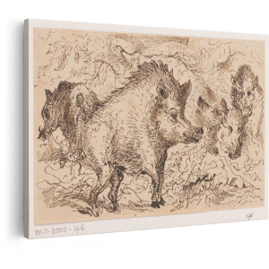 Artaza Canvas Schilderij Tekening van een Groep Everzwijnen in een Bosrijke Omgeving - met een Focus op hun Vacht en Snuiten - 120x80 cm - Groot - Wanddecoratie Woonkamer - Schilderijen - Muurdecoratie