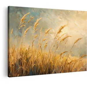 Artaza Canvas Schilderij Gouden Grassprieten Wuiven in de Zachte Bries onder een Warme - Zonovergoten Hemel - 90x60 cm - Wanddecoratie Woonkamer - Schilderijen - Muurdecoratie