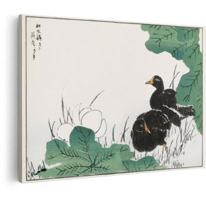 Artaza Canvas Schilderij Twee Zwarte Waterhoentjes bij Waterlelies in Japanse Houtsnedestijl - 90x60 cm - Wanddecoratie Woonkamer - Schilderijen - Muurdecoratie
