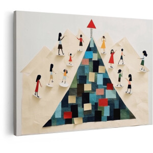 Artaza Canvas Schilderij Vrouwen Beklimmen Berg met Kleurrijke Mozaïek en Rode Pijl Bovenaan - 90x60 cm - Wanddecoratie Woonkamer - Schilderijen - Muurdecoratie