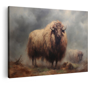 Artaza Canvas Schilderij Majestueuze Schotse Hooglander in een Mistig - Dramatisch Landschap - 30x20 cm - Klein - Wanddecoratie Woonkamer - Schilderijen - Muurdecoratie