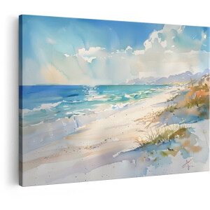 Artaza Canvas Schilderij Strand Zee - 120x80 cm - Wanddecoratie Aquarel Kustlijn - Muurdecoratie Landschap Duinen - Schilderijen Op Canvas Natuur