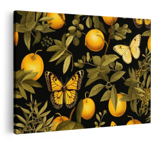 Artaza Canvas Schilderij Gele Vlinders en Sinaasappels op een Zwarte Achtergrond - Vintage Botanische Print - 120x80 cm - Groot - Wanddecoratie Woonkamer - Schilderijen - Muurdecoratie
