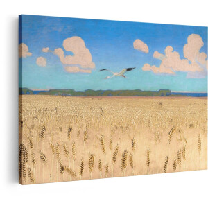 Artaza Canvas Schilderij Ooievaar - 60x40 cm - Wanddecoratie Tarweveld - Muurdecoratie Vogel - Schilderijen Landschap