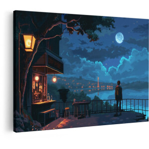 Artaza Canvas Schilderij Een Eenzame Figuur Kijkt Uit over een Stad bij Nacht onder een Volle Maan - 120x80 cm - Groot - Wanddecoratie Woonkamer - Schilderijen - Muurdecoratie