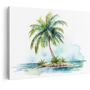 Artaza Canvas Schilderij Tropisch Eiland - 90x60 cm - Wanddecoratie Palmboom - Muurdecoratie Zee - Decoratie Strand Aquarel - Schilderijen Op Canvas