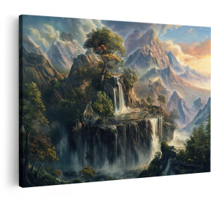 Artaza Canvas Schilderij Majestueuze Berglandschap met Watervallen en Weelderige Vegetatie - 120x80 cm - Groot - Wanddecoratie Woonkamer - Schilderijen - Muurdecoratie