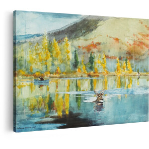 Artaza Canvas Schilderij Hert - 120x80 cm - Wanddecoratie Herfst Landschap - Muurdecoratie Meer - Schilderijen Natuur Bergen