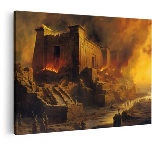 Artaza Canvas Schilderij Oude Egyptische Tempel in Vlammen - Apocalyptisch Landschap met Mensen in Processie - 60x40 cm - Wanddecoratie Woonkamer - Schilderijen - Muurdecoratie
