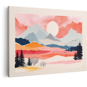 Artaza Canvas Schilderij Abstract Landschap met Bergen - Zon en Bomen in Warme Kleuren - 120x80 cm - Groot - Wanddecoratie Woonkamer - Schilderijen - Muurdecoratie