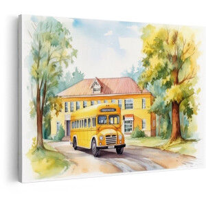 Artaza Canvas Schilderij Schoolbus - 120x80 cm - Wanddecoratie Kinderkamer - Muurdecoratie Jongenskamer - Vintage Schilderijen Op Canvas - Geel