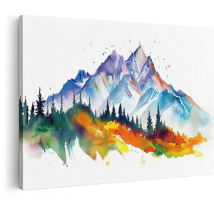 Artaza Canvas Schilderij Abstracte Aquarel van Besneeuwde Bergen met een Bos op de Voorgrond - 120x80 cm - Groot - Wanddecoratie Woonkamer - Schilderijen - Muurdecoratie