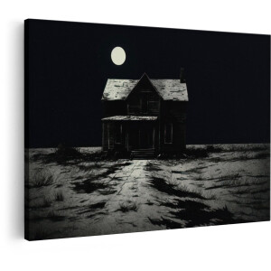 Artaza Canvas Schilderij Verlaten Huis onder Volle Maan in een Duistere - Desolate Nachtelijke Omgeving - 120x80 cm - Groot - Wanddecoratie Woonkamer - Schilderijen - Muurdecoratie