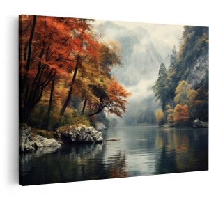 Artaza Canvas Schilderij Rustgevende Herfstlandschap met een Kalme Rivier en Mistige Bergen - 30x20 cm - Klein - Wanddecoratie Woonkamer - Schilderijen - Muurdecoratie