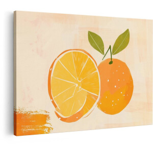 Artaza Canvas Schilderij Verse Sinaasappel en Sinaasappelschijf met Bladeren op een Zachte Achtergrond - 60x40 cm - Wanddecoratie Woonkamer - Schilderijen - Muurdecoratie