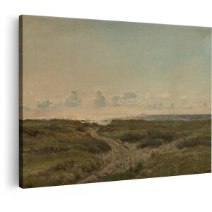Artaza Canvas Schilderij Zomerse Duinen met een Pad Naar de Glinsterende Zee en een Schip in de Verte - 60x40 cm - Wanddecoratie Woonkamer - Schilderijen - Muurdecoratie
