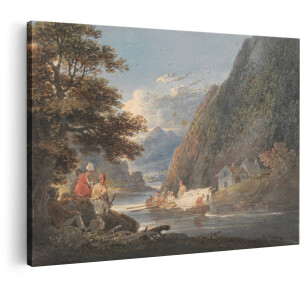 Artaza Canvas Schilderij Schilderachtige Waterverf van een Boottocht met Mensen in Traditionele Kleding in een Bergachtig Landschap - 30x20 cm - Klein - Wanddecoratie Woonkamer - Schilderijen - Muurdecoratie