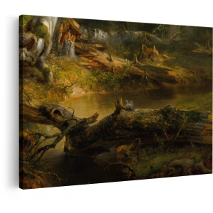 Artaza Canvas Schilderij Een Eekhoorn Zit op een Omgevallen Boomstam bij een Bosbeekje - 90x60 cm - Wanddecoratie Woonkamer - Schilderijen - Muurdecoratie