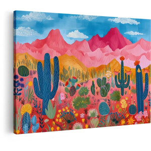 Artaza Canvas Schilderij Cactus - 30x20 cm - Wanddecoratie Bergen - Muurdecoratie Boho - Schilderijen Op Canvas Bloemen Woestijn - Roze