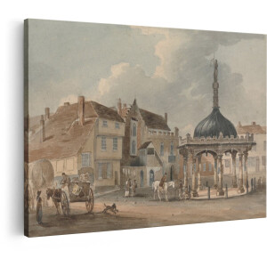 Artaza Canvas Schilderij Historisch Marktplein - 30x20 cm - Vintage Wanddecoratie - Muurdecoratie Koets - Decoratie Paarden Woonkamer