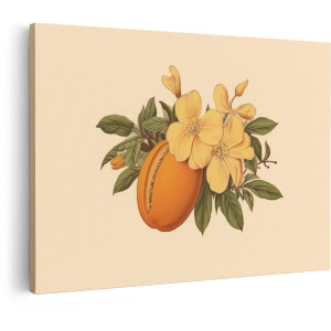 Artaza Canvas Schilderij Vintage Illustratie van een Oranje Meloen met Gele Bloemen en Groene Bladeren - 60x40 cm - Wanddecoratie Woonkamer - Schilderijen - Muurdecoratie