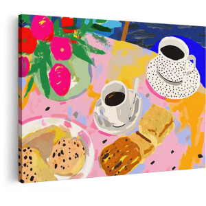 Artaza Canvas Schilderij Vrolijke Illustratie van een Ontbijttafel met Koffie en Gebak - 30x20 cm - Klein - Wanddecoratie Woonkamer - Schilderijen - Muurdecoratie