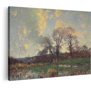 Artaza Canvas Schilderij Schilderachtig Landschap met Bomen en Rieten Daken bij Zonsondergang - 90x60 cm - Wanddecoratie Woonkamer - Schilderijen - Muurdecoratie