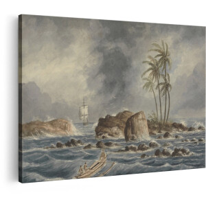 Artaza Canvas Schilderij Zeilend Schip Nadert Tropisch Eiland met Kano en Ruige Zee - 60x40 cm - Wanddecoratie Woonkamer - Schilderijen - Muurdecoratie