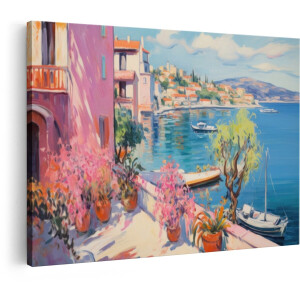 Artaza Canvas Schilderij Schilderachtige Mediterrane Haven met Bloeiende Planten en Boten in de Zon - 60x40 cm - Wanddecoratie Woonkamer - Schilderijen - Muurdecoratie