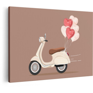 Artaza Canvas Schilderij Romantische Scooter met Hartvormige Ballonnen - Klaar voor een Valentijnsdag Verrassing - 60x40 cm - Wanddecoratie Woonkamer - Schilderijen - Muurdecoratie