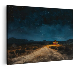 Artaza Canvas Schilderij Woestijn Benzinestation - 90x60 cm - Wanddecoratie Sterrenhemel - Muurdecoratie Landschap - Decoratie Bergen Nacht