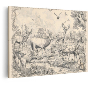 Artaza Canvas Schilderij Herten - 120x80 cm - Wanddecoratie Vintage Tekening - Muurdecoratie Bos Dieren - Decoratie Vogels - Schilderijen Op Canvas
