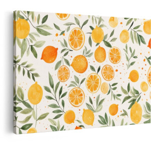 Artaza Canvas Schilderij Zomerse Aquarelprint met Sinaasappels en Bladeren op een Lichte Achtergrond - 90x60 cm - Wanddecoratie Woonkamer - Schilderijen - Muurdecoratie