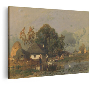 Artaza Canvas Schilderij Landelijk Dorp - 90x60 cm - Wanddecoratie Landschap - Muurdecoratie Vintage - Decoratie Natuur - Schilderijen Op Canvas