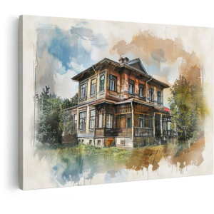 Artaza Canvas Schilderij Vintage Villa - 120x80 cm - Wanddecoratie Oud Huis - Muurdecoratie Aquarel - Schilderijen Op Canvas Landschap