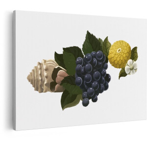 Artaza Canvas Schilderij Natuurlijke Compositie met Schelp - Druiven - Bladeren en Bloemen - 90x60 cm - Wanddecoratie Woonkamer - Schilderijen - Muurdecoratie