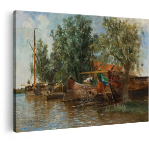 Artaza Canvas Schilderij Schilderij van Boten aan de Oever met Bomen en een Huis op de Achtergrond - 90x60 cm - Wanddecoratie Woonkamer - Schilderijen - Muurdecoratie