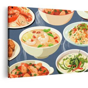 Artaza Canvas Schilderij Thaise Gerechten - 90x60 cm - Wanddecoratie Keuken - Muurdecoratie Garnalen - Decoratie Aziatisch Eten - Schilderijen Op Canvas