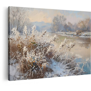 Artaza Canvas Schilderij Schilderij van een Bevroren Rivieroever met Rijp op de Planten - 120x80 cm - Groot - Wanddecoratie Woonkamer - Schilderijen - Muurdecoratie