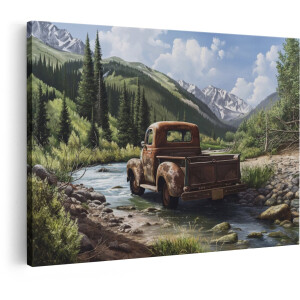 Artaza Canvas Schilderij Vintage Pick-Up Truck - 60x40 cm - Wanddecoratie Bergrivier - Muurdecoratie Auto - Decoratie Berglandschap