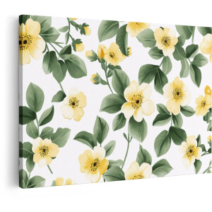 Artaza Canvas Schilderij Zachte Gele Bloemen met Groene Bladeren op een Witte Achtergrond - Naadloos Patroon - 30x20 cm - Klein - Wanddecoratie Woonkamer - Schilderijen - Muurdecoratie