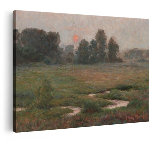 Artaza Canvas Schilderij Schilderij van een Zonsopgang boven een Mistig Landschap met Bomen en Water - 90x60 cm - Wanddecoratie Woonkamer - Schilderijen - Muurdecoratie