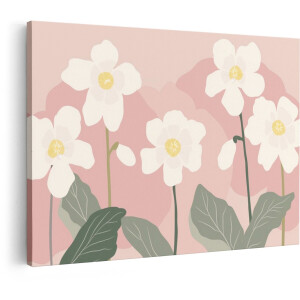 Artaza Canvas Schilderij Zachte Witte Bloemen met Bladeren op een Roze Achtergrond - Illustratie - 30x20 cm - Klein - Wanddecoratie Woonkamer - Schilderijen - Muurdecoratie