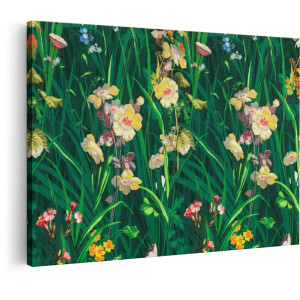 Artaza Canvas Schilderij Levendige Bloemen en Weelderig Groen Gras in een Gedetailleerd Patroon - 90x60 cm - Wanddecoratie Woonkamer - Schilderijen - Muurdecoratie