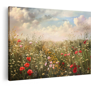 Artaza Canvas Schilderij Bloemenweide - 60x40 cm - Wanddecoratie Klaprozen - Muurdecoratie Landelijk - Decoratie Madeliefjes Natuur