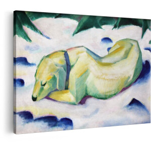 Artaza Canvas Schilderij Schilderij van een Slapende Hond in de Sneeuw met Expressionistische Kleuren - 30x20 cm - Klein - Wanddecoratie Woonkamer - Schilderijen - Muurdecoratie