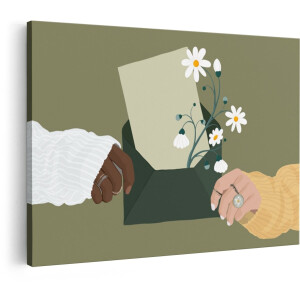 Artaza Canvas Schilderij Twee Handen Geven een Envelop met Bloemen en een Brief aan Elkaar - 30x20 cm - Klein - Wanddecoratie Woonkamer - Schilderijen - Muurdecoratie