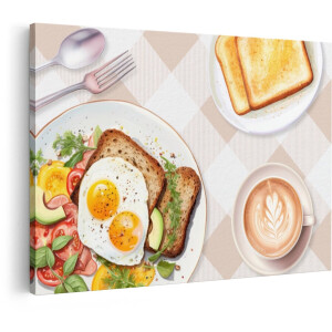 Artaza Canvas Schilderij Gezond Ontbijt met Gebakken Eieren - Toast - Avocado en Koffie - 120x80 cm - Groot - Wanddecoratie Woonkamer - Schilderijen - Muurdecoratie